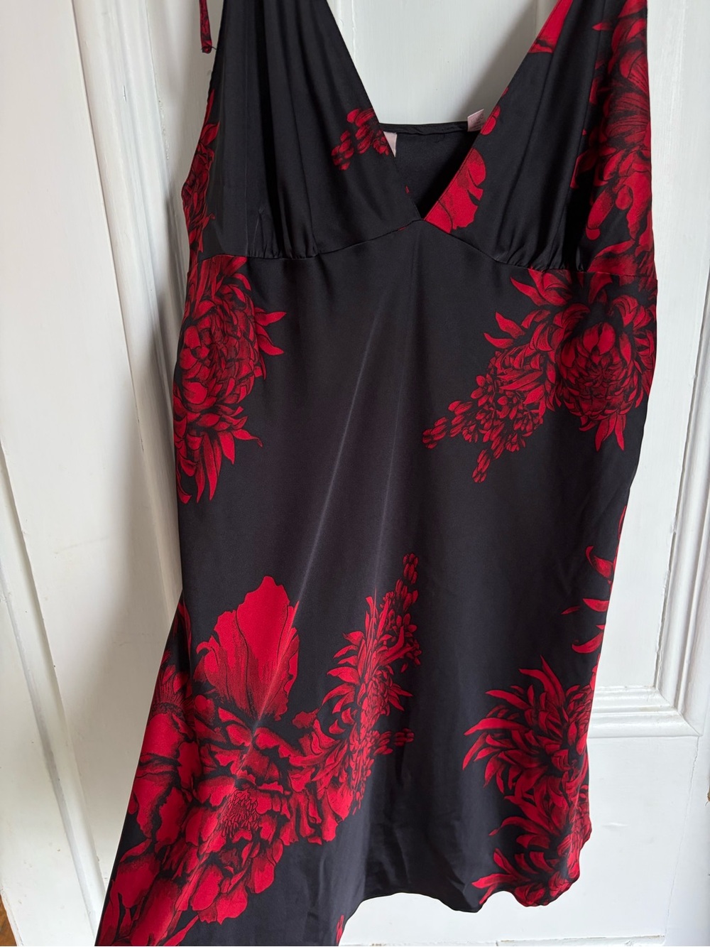 Black Slip Dress with Red Floral Print and Tie Straps - Picture 3 of 7